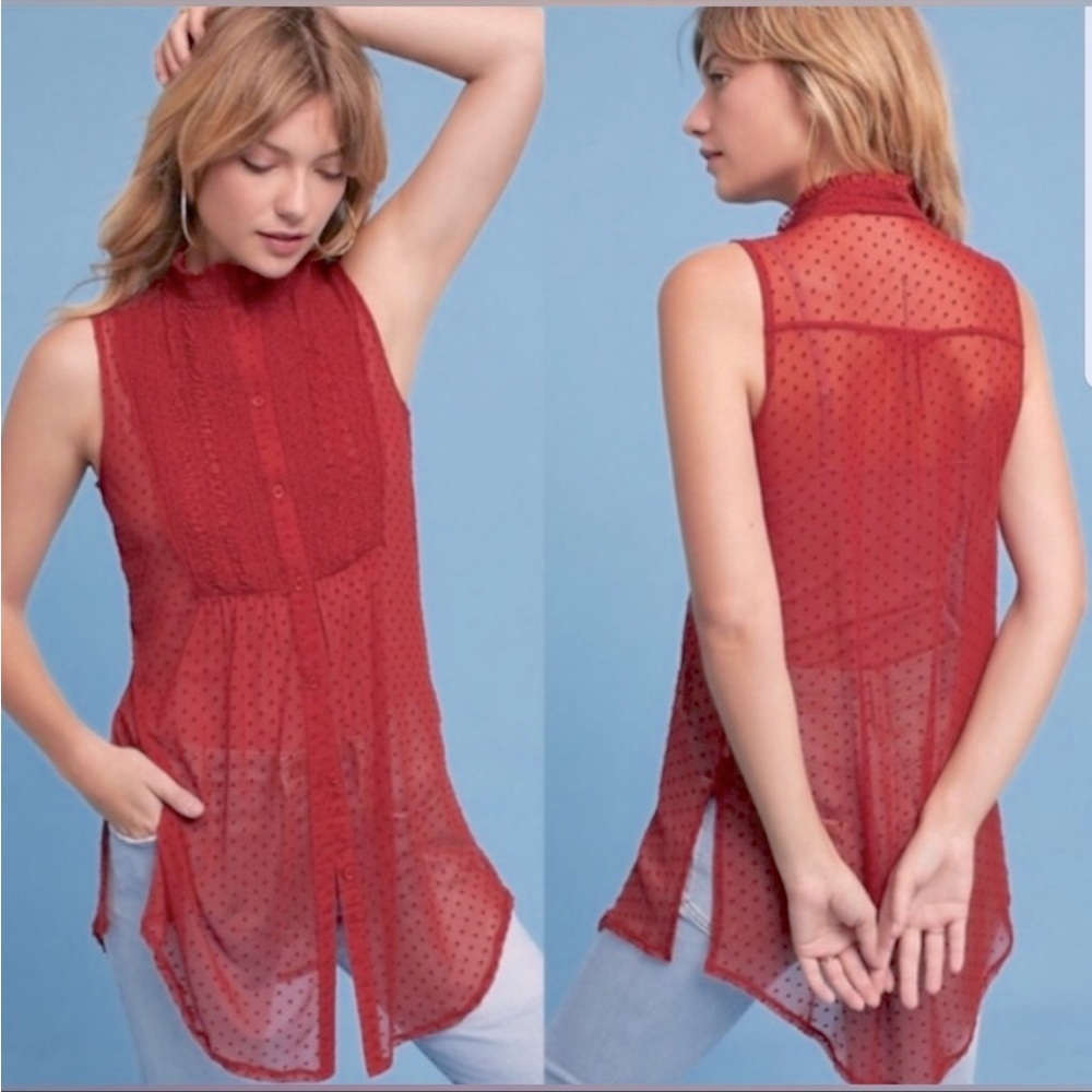 Anthropologie Red Sheer Sleeveless Blouse